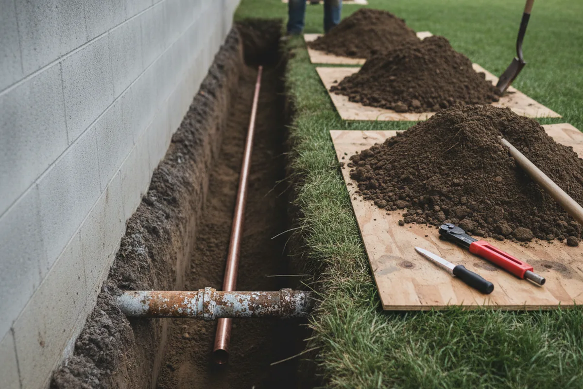 Excavated water line trench during Sewer Line Repair in Ridge